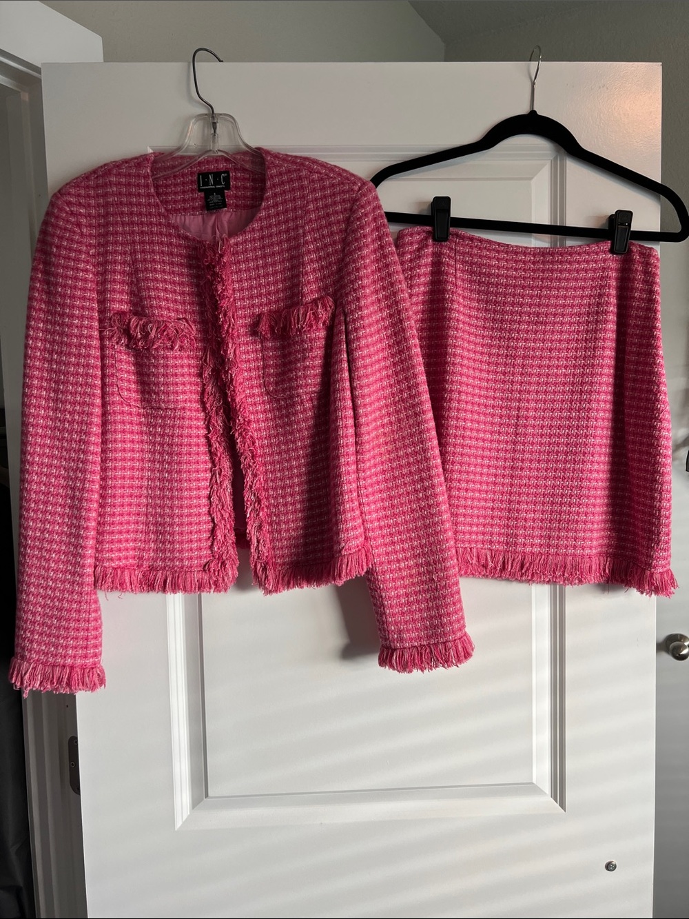 INC Pink Tweed Fringe Jacket & Skirt Set